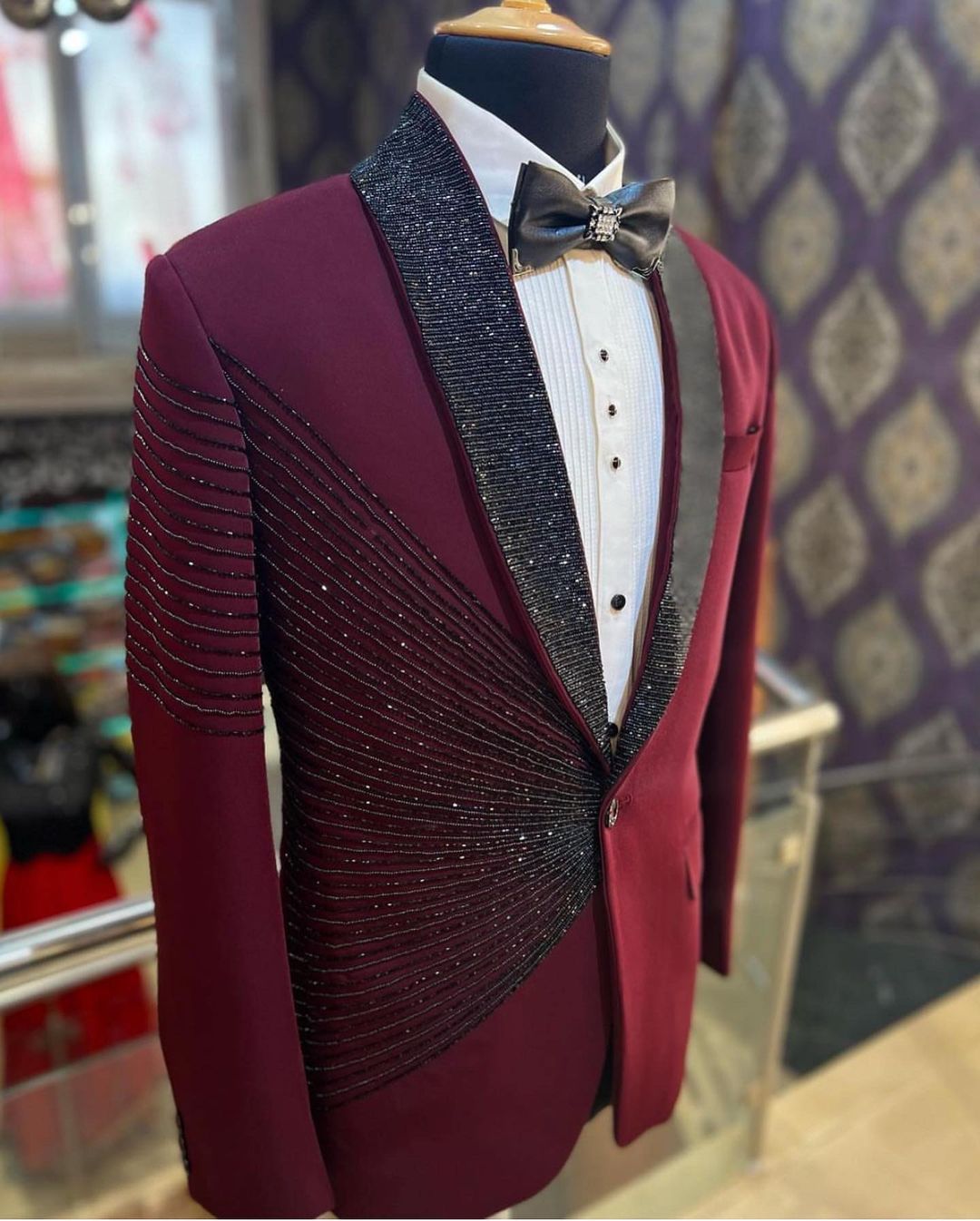 Red Designer Reception Tuxedo Suit with Sequence work Bespoke - DN-1268
