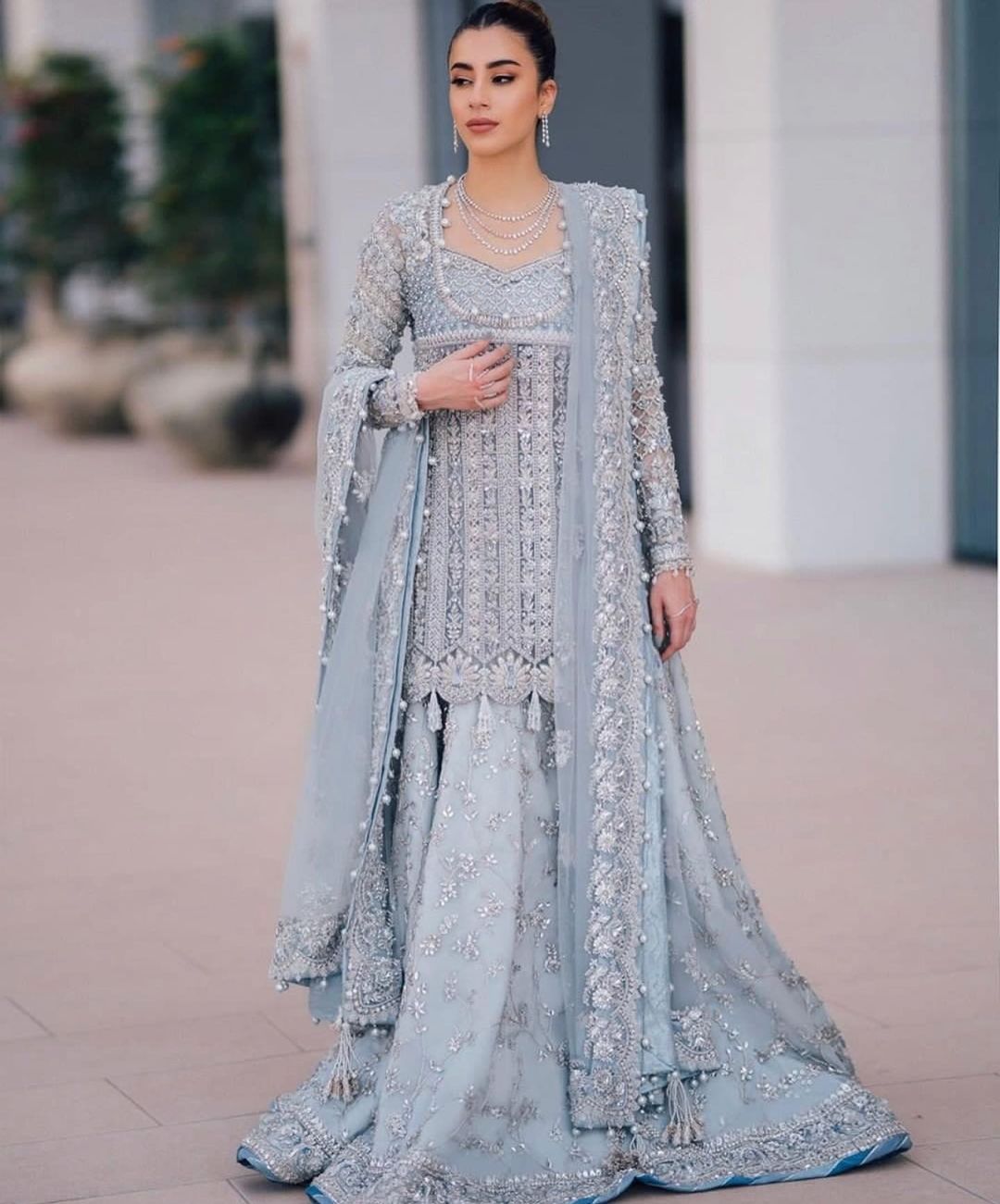 Blue Designer Wedding and Reception Embroidered kameez with lehenga Bespoke - DN-1125