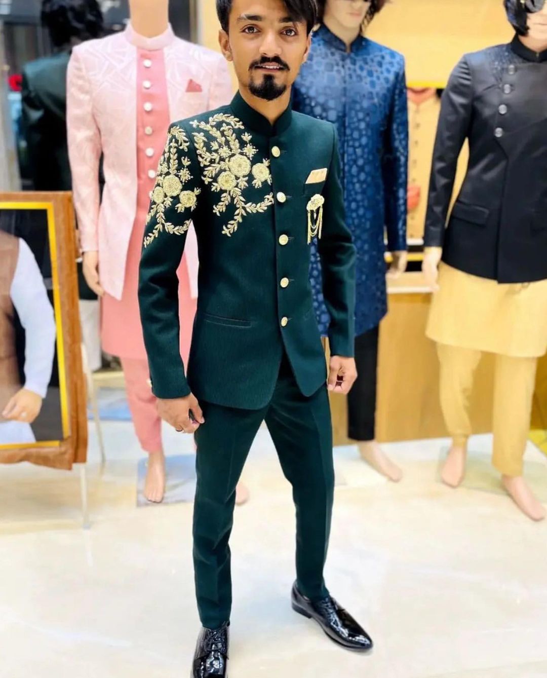 Green Designer Reception Tuxedo Suit with Embroidery Bespoke made to order - DN-1269