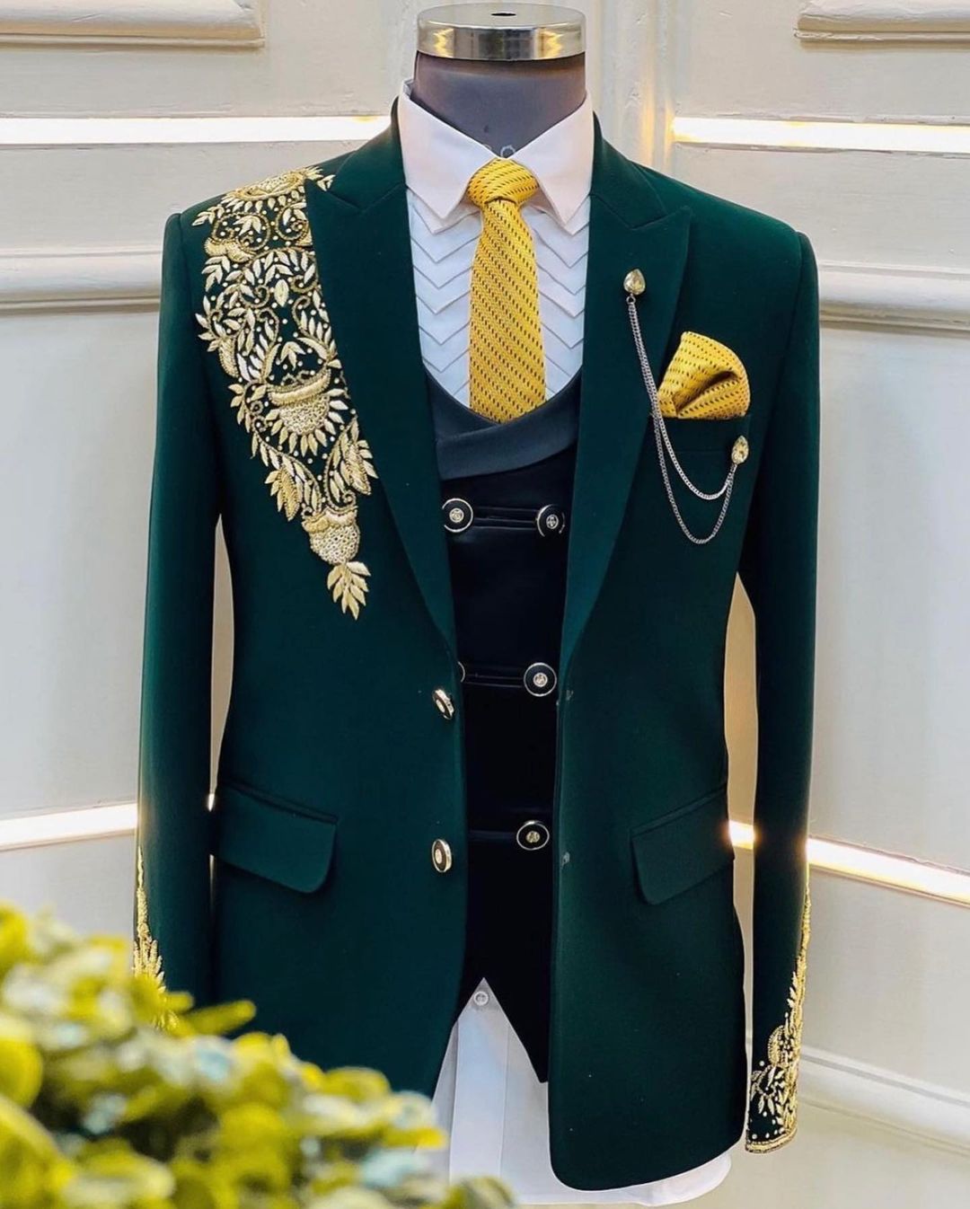 Green Designer Cocktail Partywear Tuxedo Suit with One Side Embroidery Bespoke - DN-1274