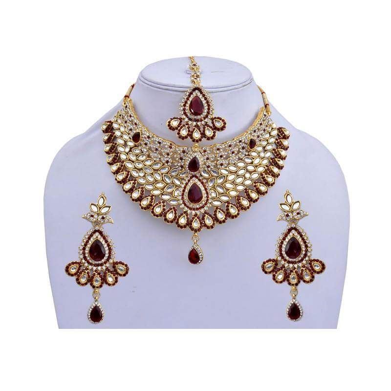 Maroon Designer Wedding And Engagement Necklace With Mang Tika Set - DN-2029