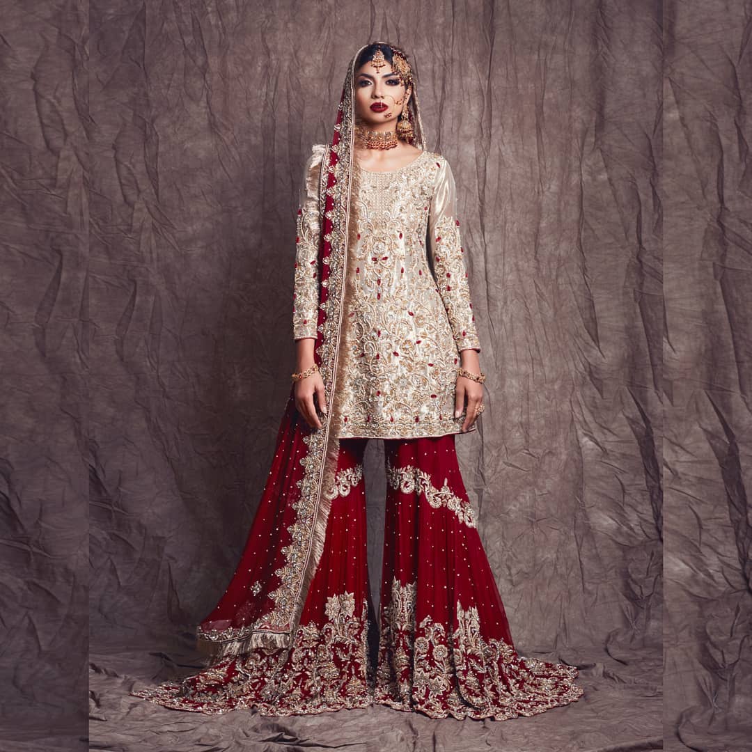 Marron Designer Pakistani Partywear and Wedding Garara with Golden Kameez with Embroidery Bespoke - DN-1118