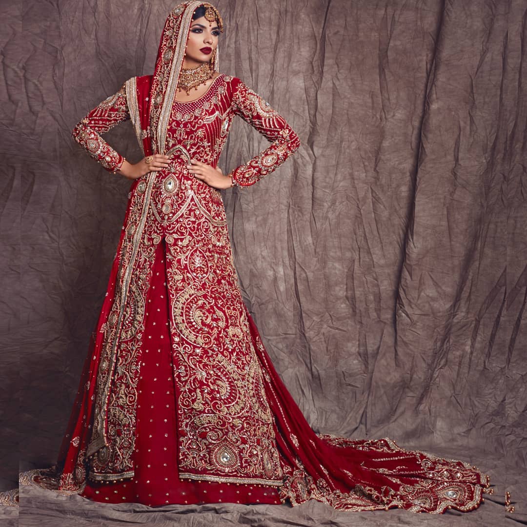 Red Designer Pakistani Wedding long Trail Lehenga with split jacket and Embroidery Bespoke - DN-1121