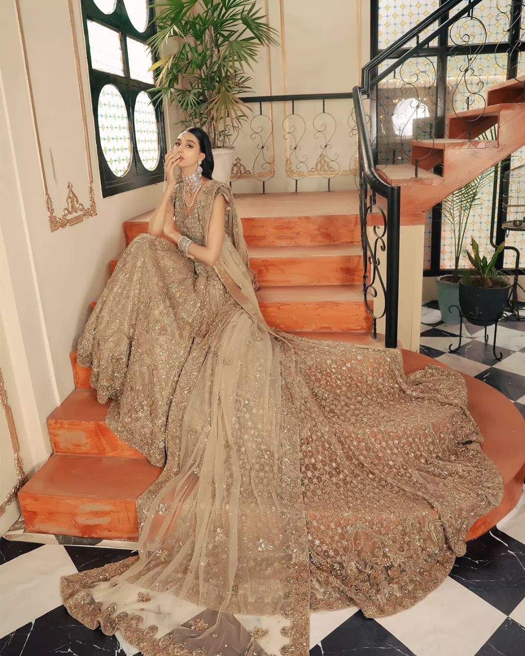 Golden Classy Indian Bridal long Trail Lehenga with sequence work and Embroidery Bespoke - DN-1124