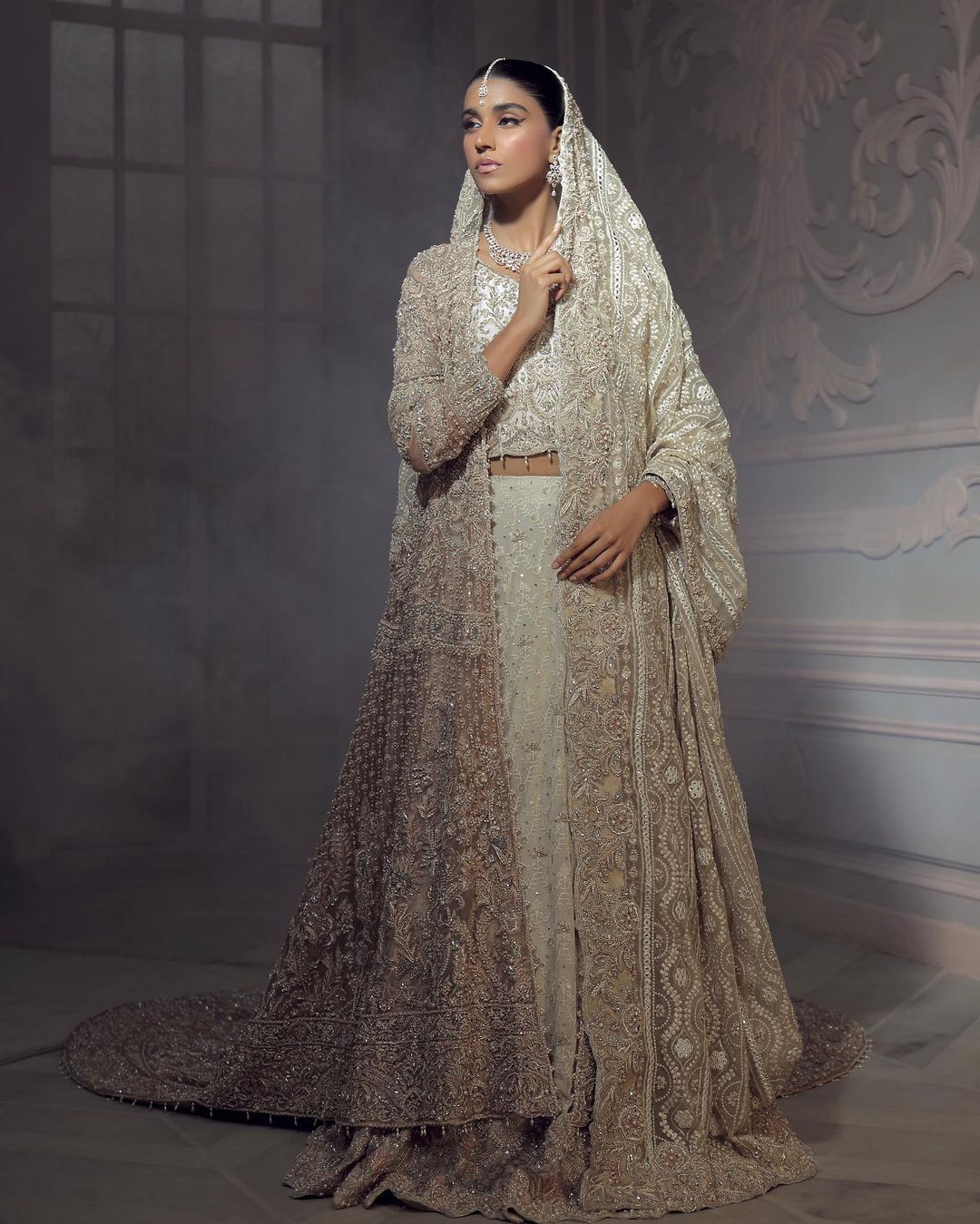 Designer Pakistani Reception long trail jacket with lehenga choli and Embroidery Bespoke - DN-1115