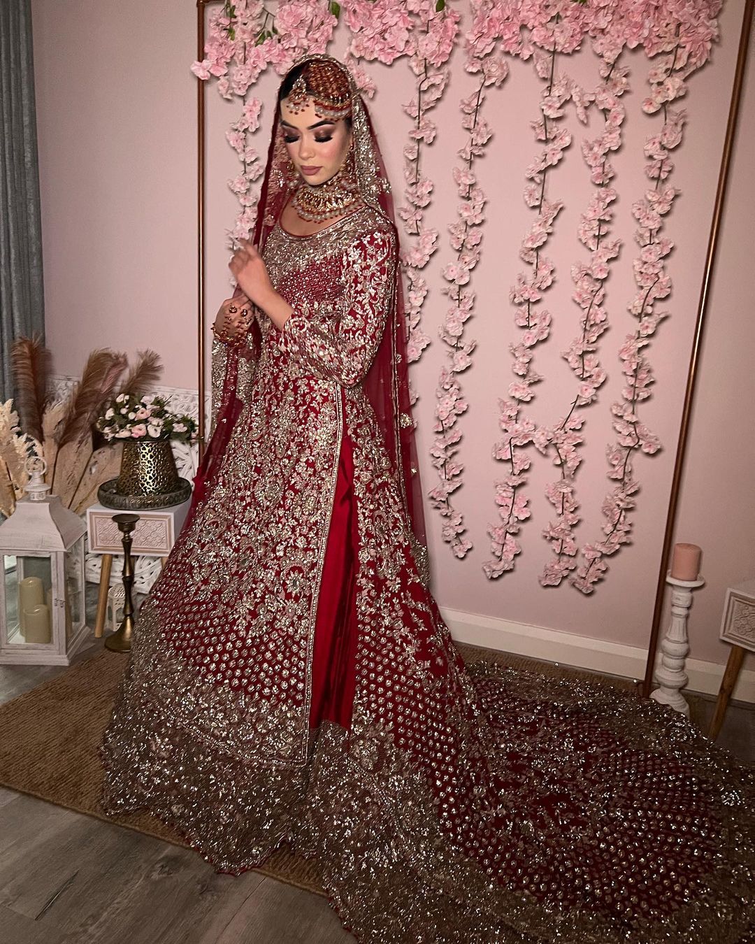 Red Designer Pakistani Bridal Long Trail Frill Lehenga with kurti and Embellishment - DN-1437