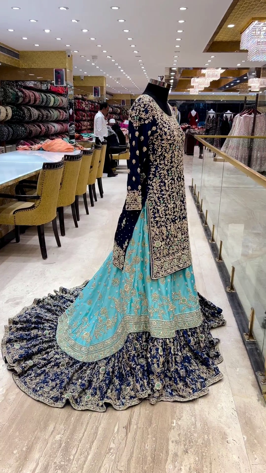 Designer Blue Pakistani wedding Long Trail lehenga with Dark Blue Velvet kurti and Embellishment - DN-1433