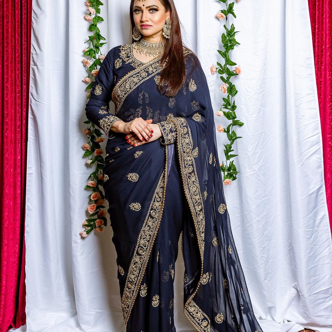Designer Partywear and Wedding Saree with Embroider Bespoke made to order - DN-1119