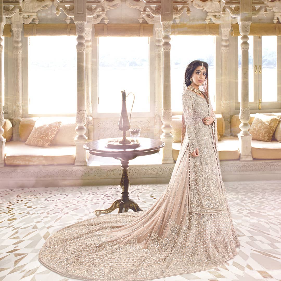 Classy Designer Pakistani wedding and Walima long trail lehenga with split kameez with Embroidery and Pearls work Bespoke - DN-1123