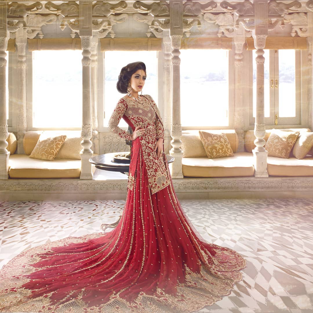 Red Designer Pakistani Nikaah Long Trail lehenga with short kameez with Embroidery Bespoke - DN-1122