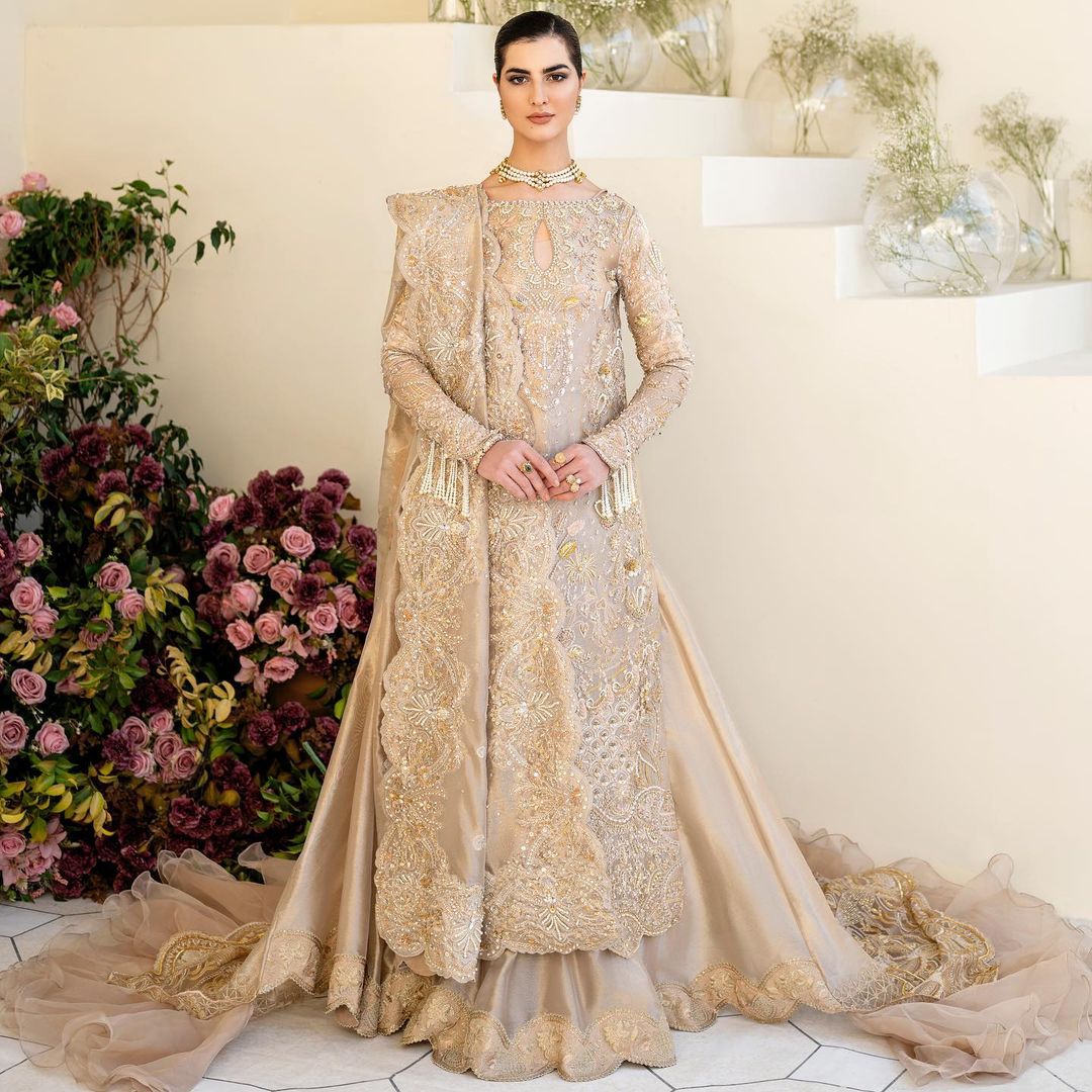 Ivory Designer Pakistani Long Trail Frill lehenga with Kameez and Embellishment - DN-1362
