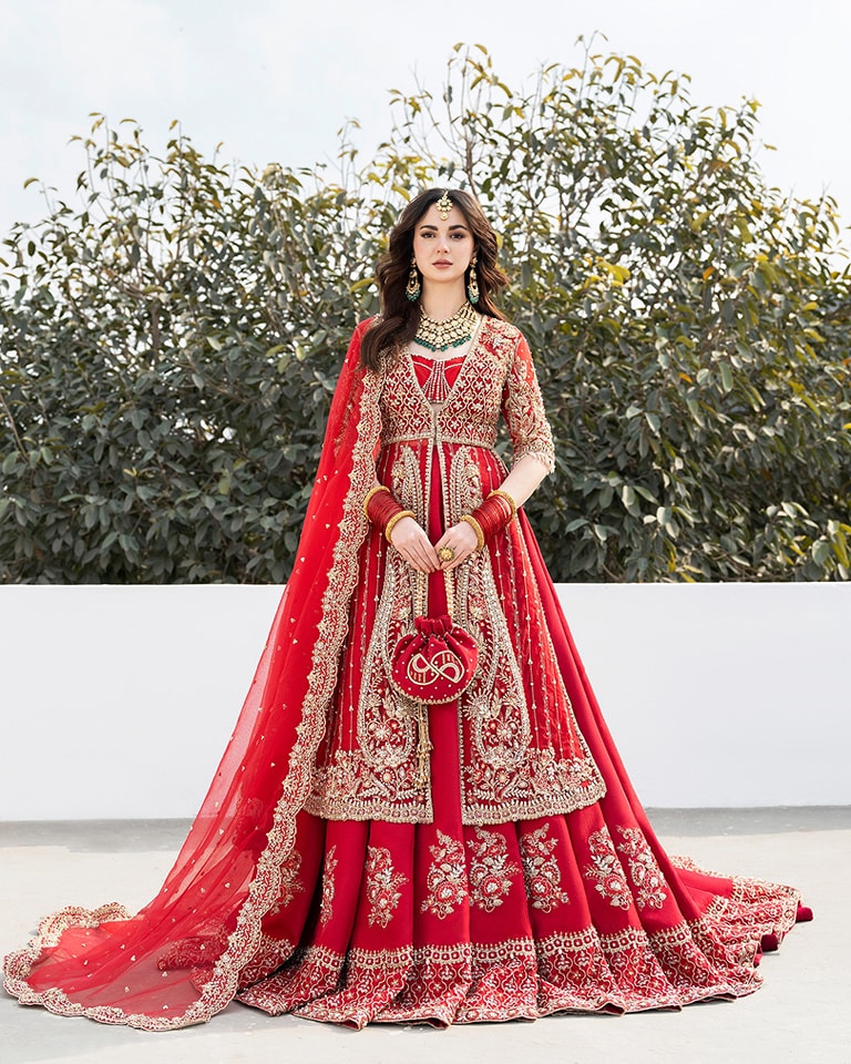 Red Gorgeous Pakistani wedding lehenga with Short split Jacket and Embellishment - DN-1358