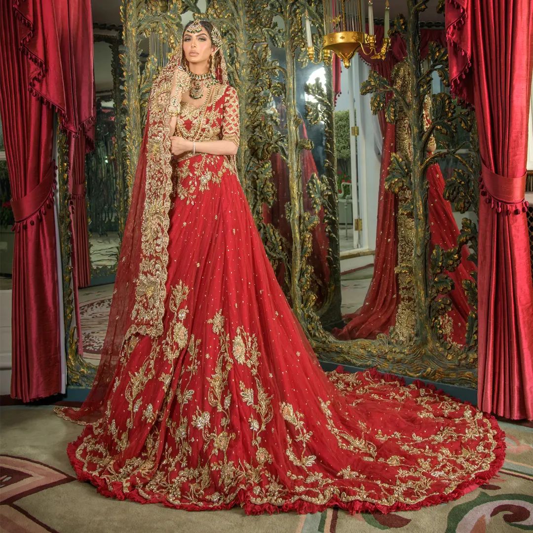 Red Classy Designer Indian and Pakistani wedding long Trail lehenga with crop top and Embellishment - DN-1359
