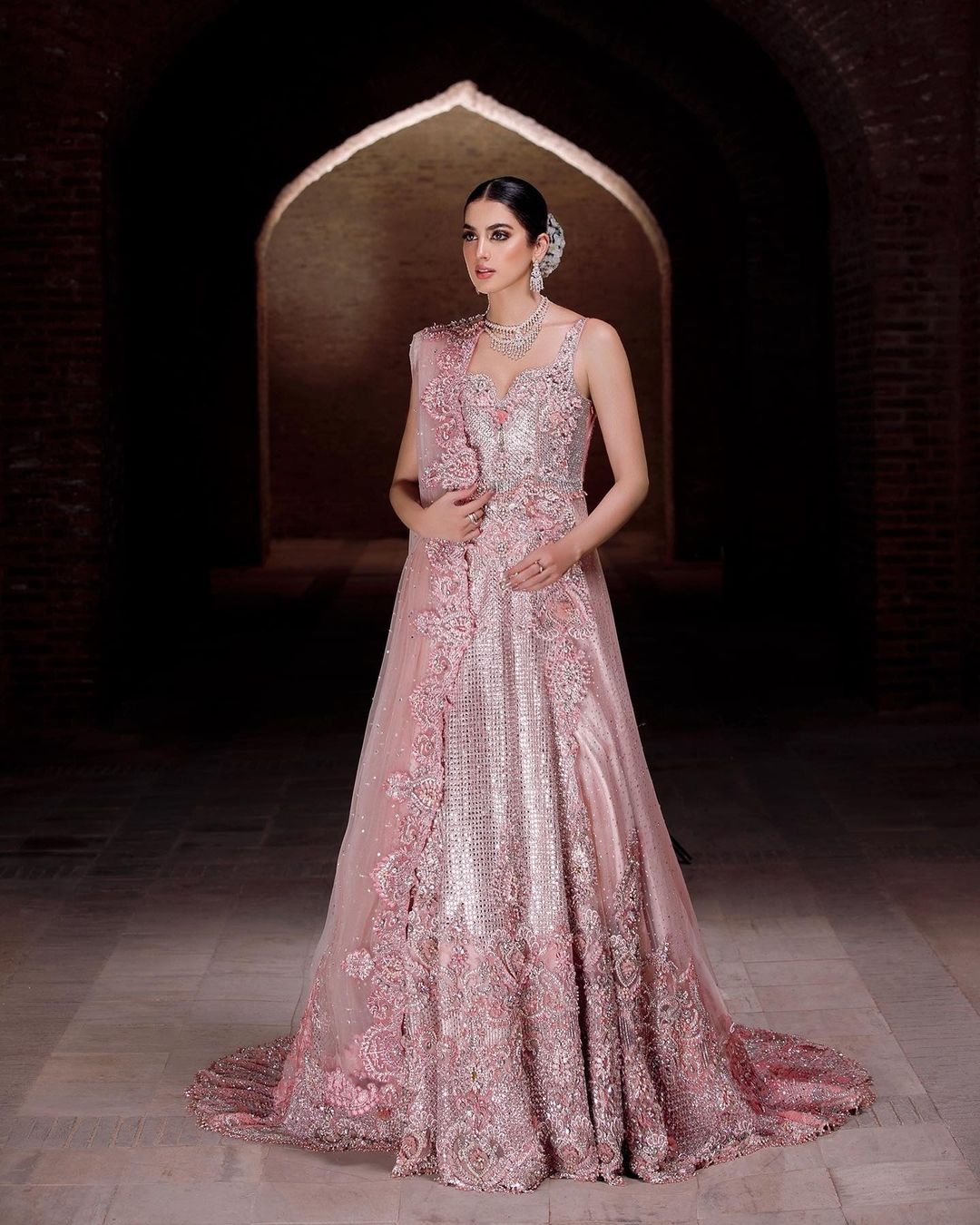Wine Designer Reception Long Trail Gown with Embroidery - DN-1422
