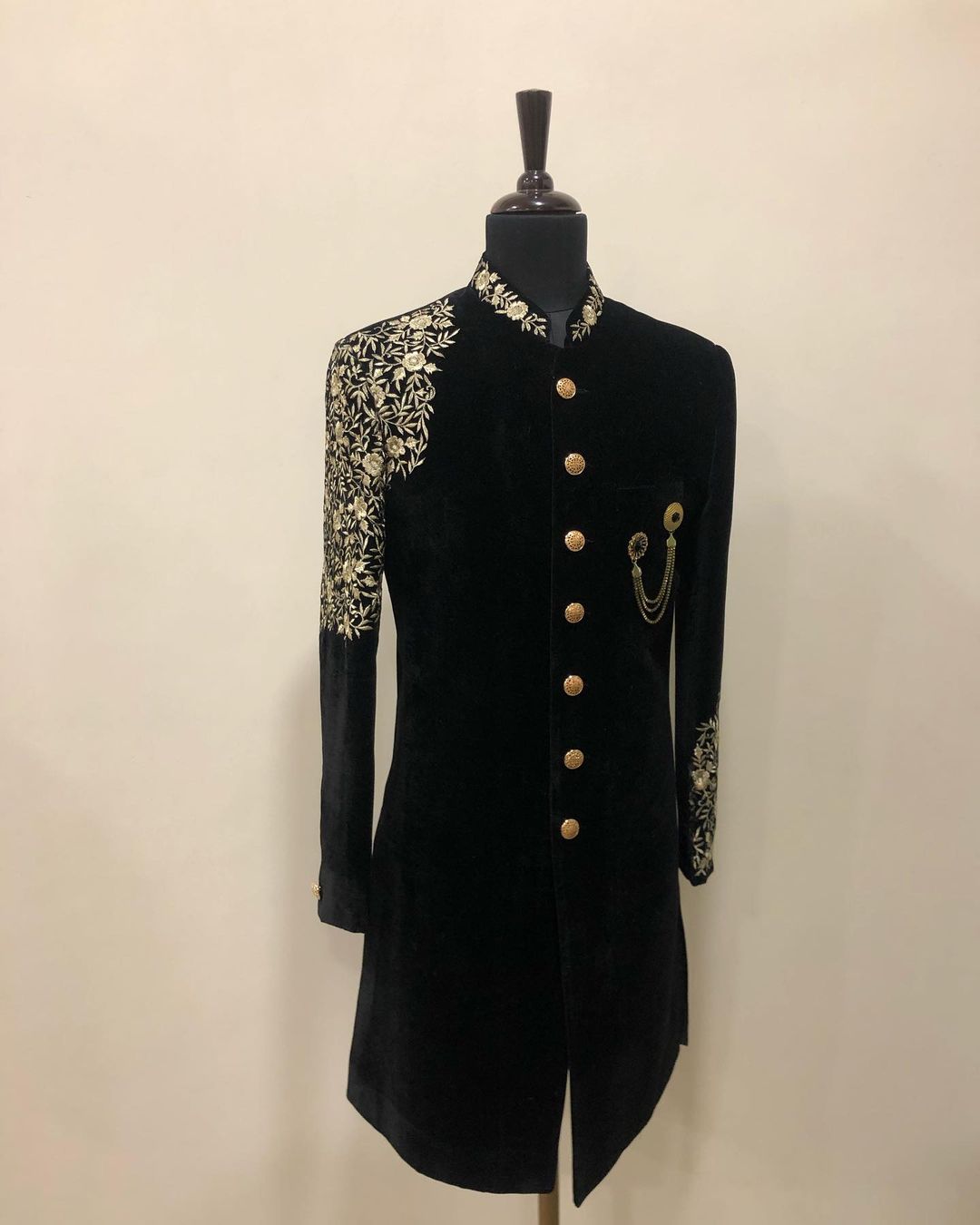 Black Designer Reception Sherwani with Embroidery Bespoke made to order - DN-1257