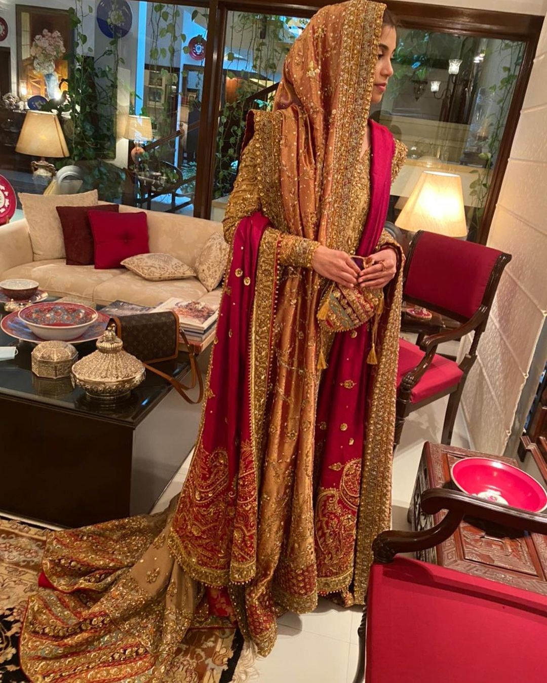 Pakistani Golden wedding long Trail lehenga with kurti and Embellishment - DN-1423