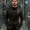 Bollywood Actor Karan Wahi Designer Black Shiny Tuxedo Suit with sequence work Bespoke made to order - DN-1254