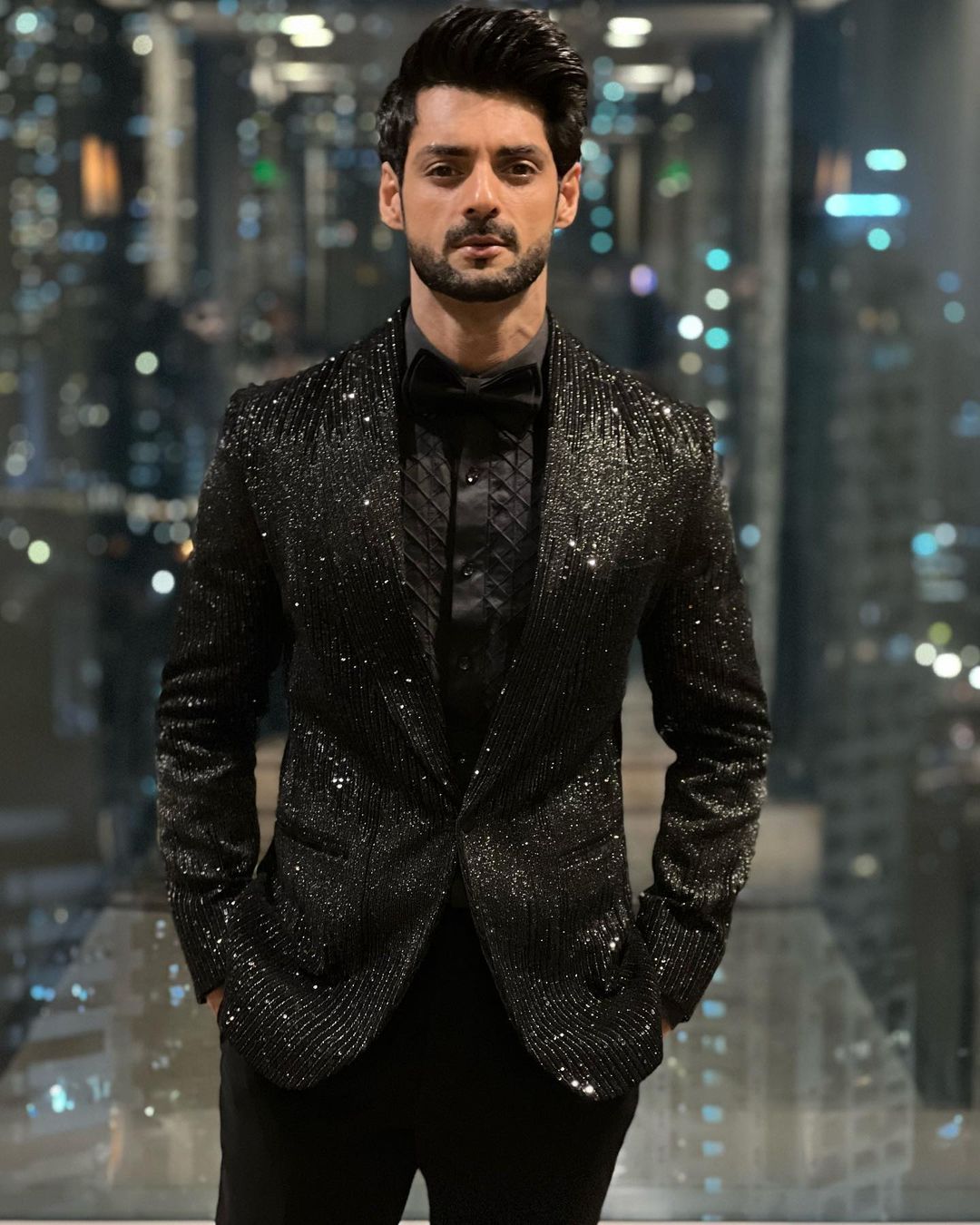 Bollywood Actor Karan Wahi Designer Black Shiny Tuxedo Suit with sequence work Bespoke made to order - DN-1254