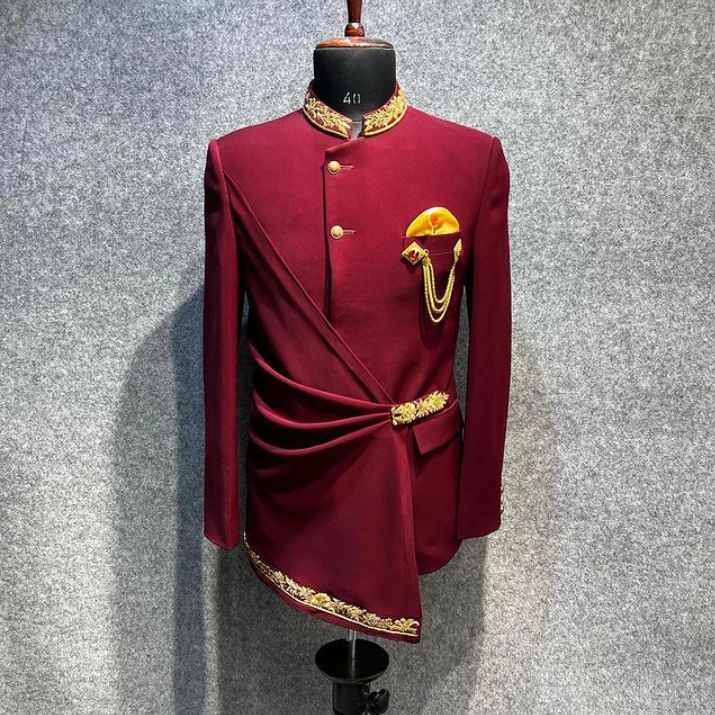 Red Designer Wedding Indowestern Suit with Embroidery Bespoke made to order - DN-1256