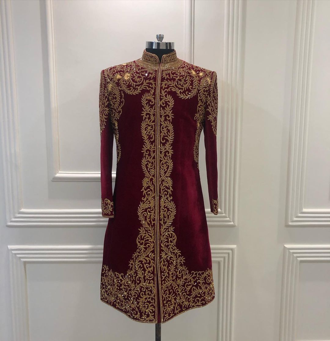 Maroon Designer Groom Sherwani with Golden Embroidery Bespoke made to order - DN-1258