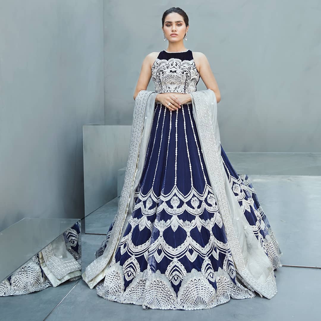 Blue Designer Partywear and Reception lehenga with crop top and Embellishment - DN-1356