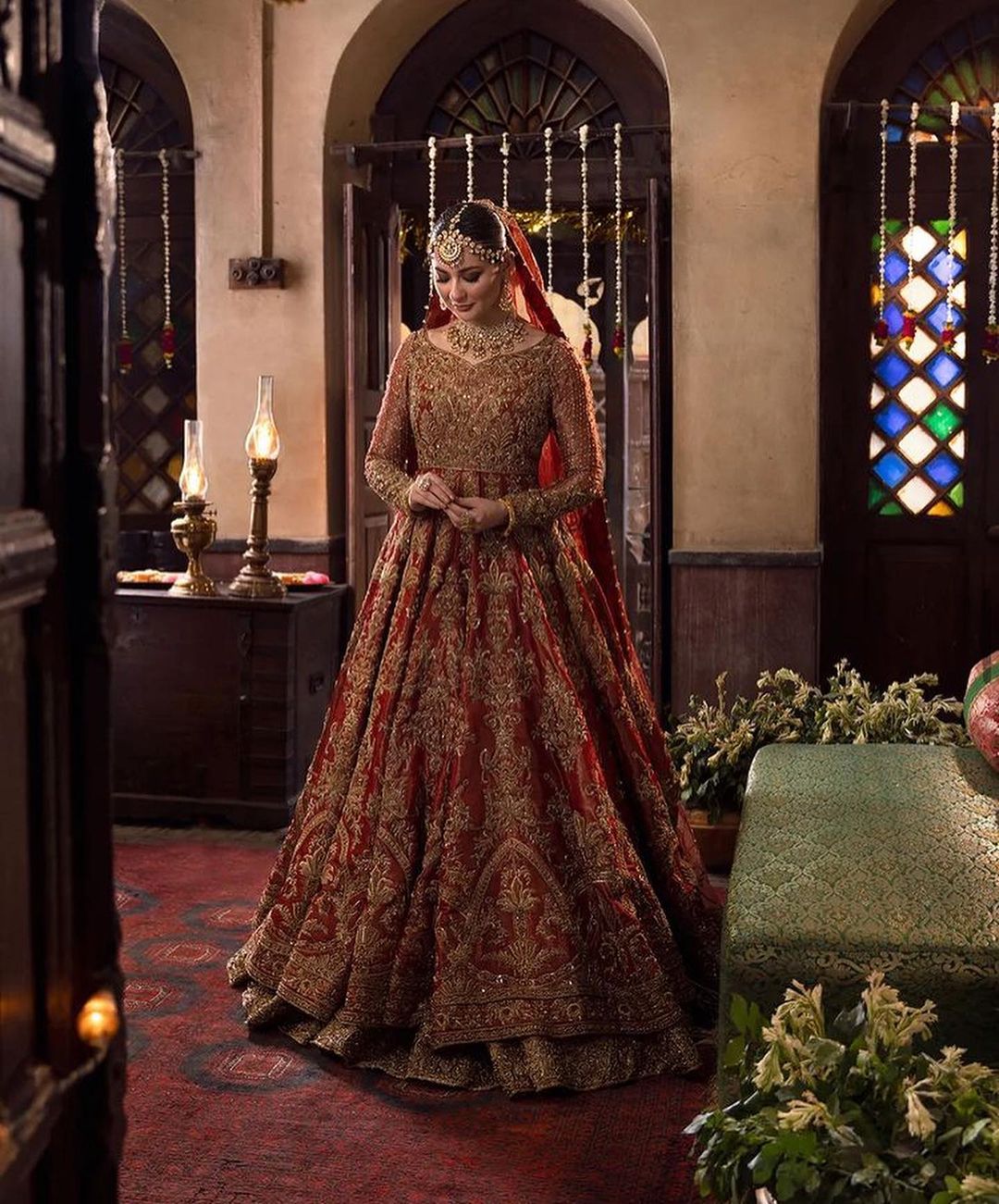 PAKISTANI RED LEHENGA WITH LONG ANARAKALI WITH GOLDEN EMBROIDERY - DN-1674