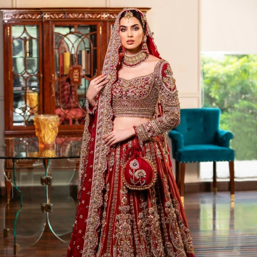 Red Traditional Indian Bridal lehenga Choli with Embroidery - DN-1419