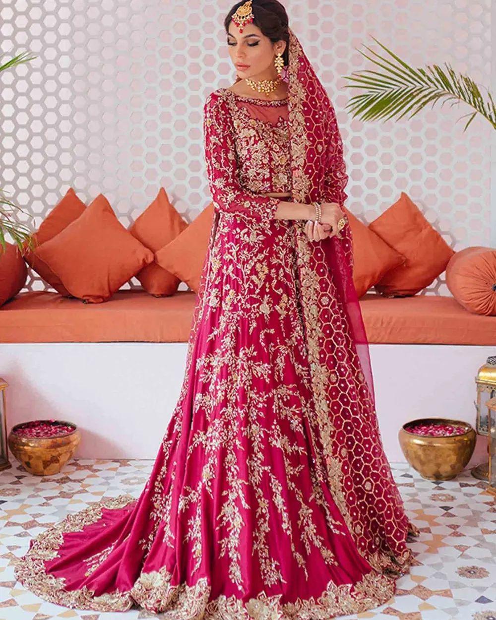 Pink Designer Indian Reception and Wedding long Trail Lehenga choli with Embroidery - DN-1354