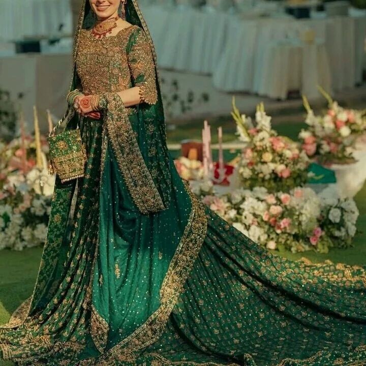 PAKISTANI GREEN EMBROIDERY RECEPTION GOWN WITH LONG TRAIL - DN-1670