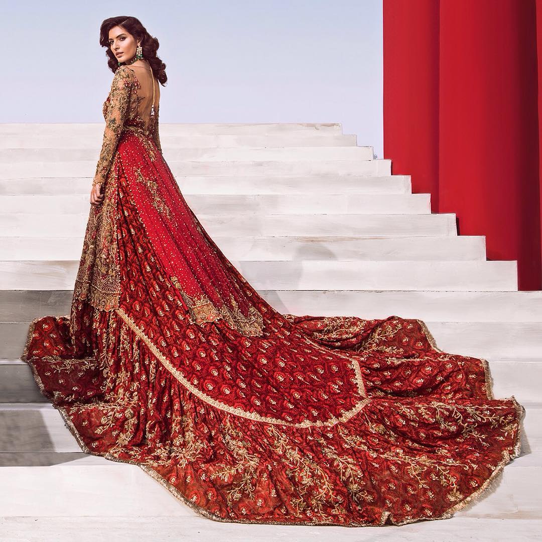 Pakistani Designer Wedding Embroidered Kameez with Long Trail Bridal Lehenga - DN-1607