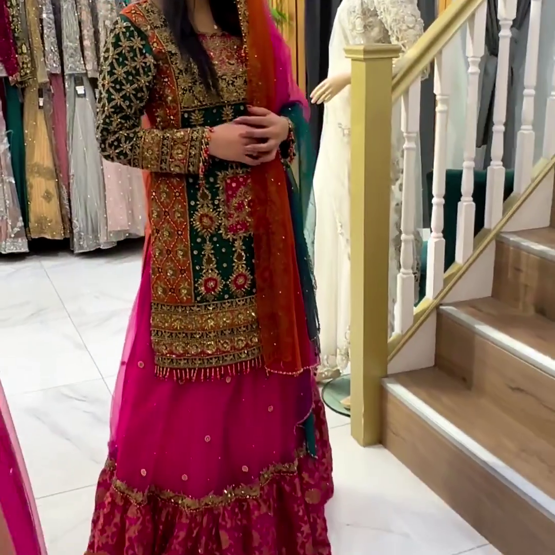 Designer Pakistani wedding Green kurti with Pink Frill Skirt and Embellishment - DN-1435
