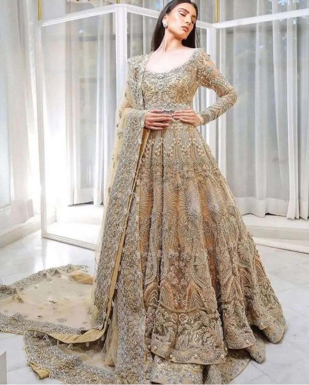Ivory Traditional Pakistani walima long Anarkali with lehenga and Golden Embroidery - DN-1351