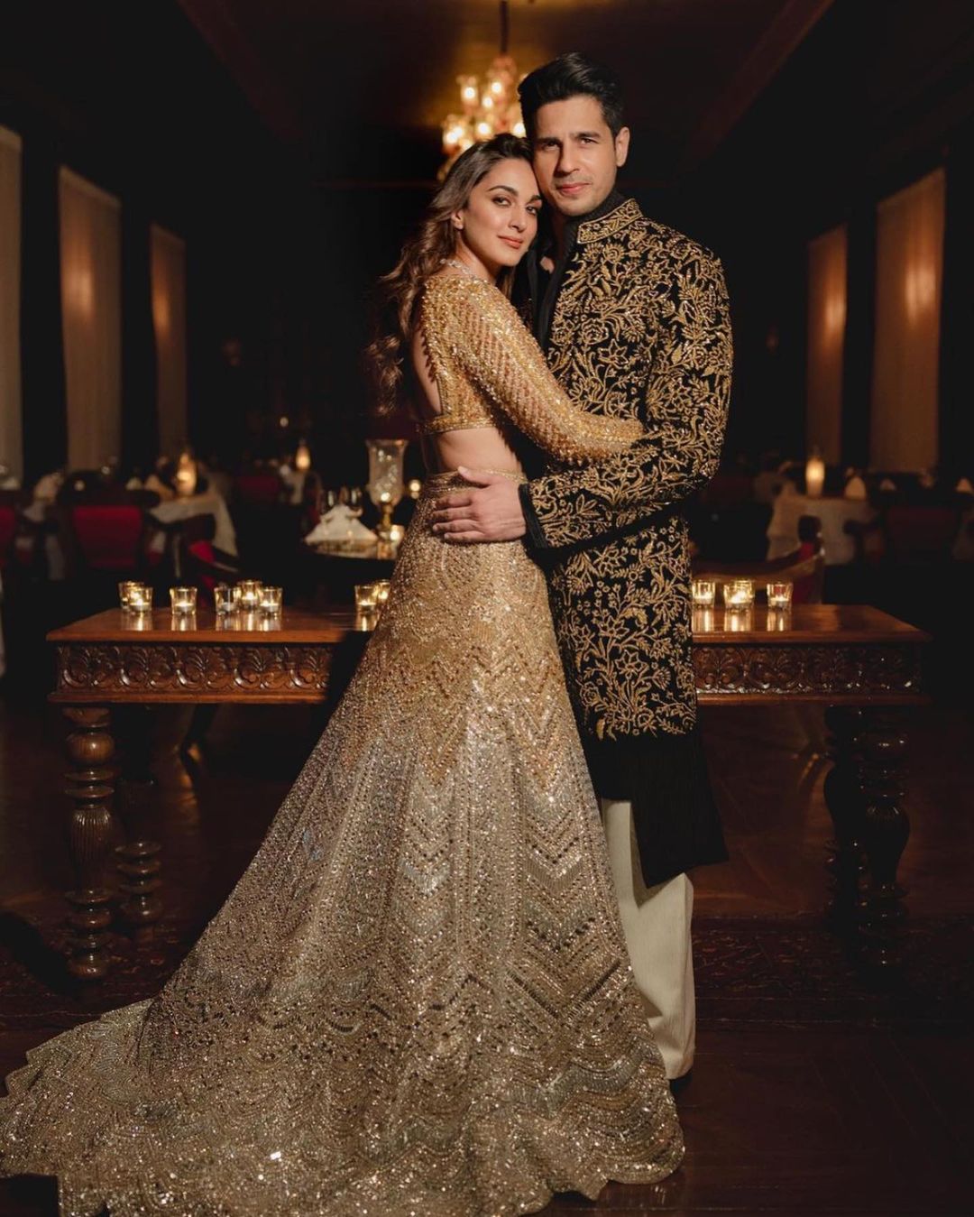 Bollywood Actress Kiara Adwani Golden Cocktail Party Designer lehenga with trail and Embellishment - DN-1353