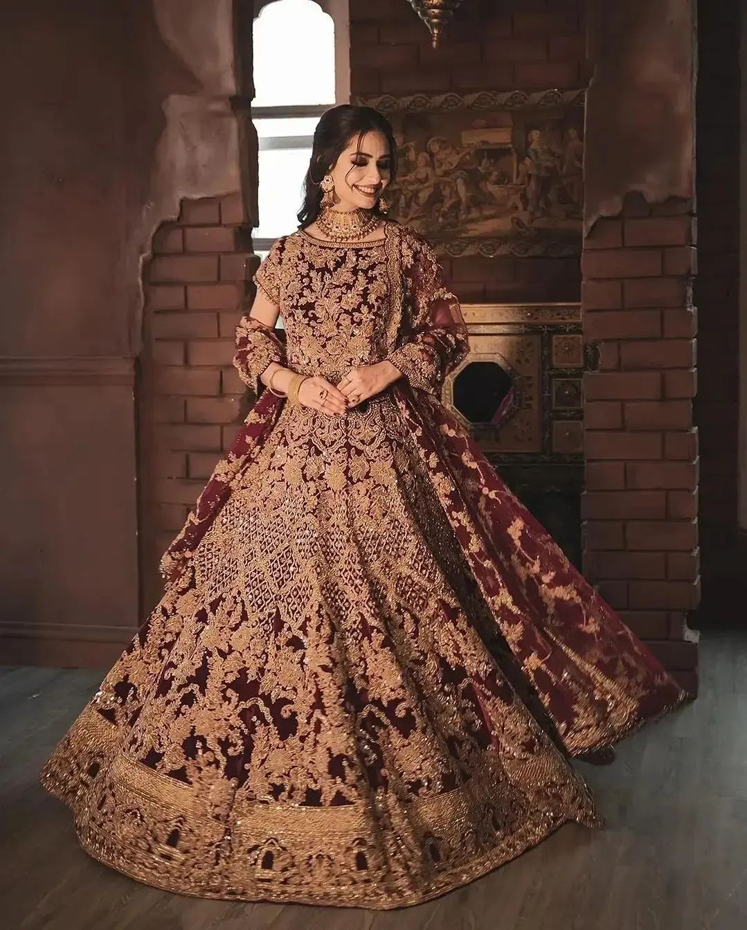 Traditional Maroon Designer lndian Bridal lehenga choli with Golden Embroidery - DN-1350