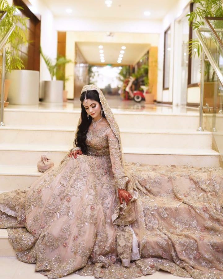 IVORY PAKISTANI WEDDING LONG TRAIL GOWN WITH HAND WORK - DN-1669