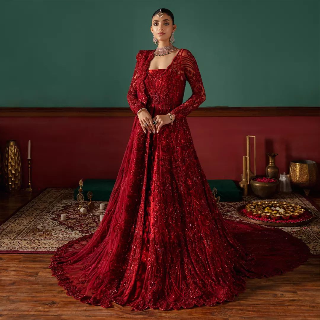 Red Traditional Pakistani Bridal long Split jacket with Trail and  Sequence work and Embellishment - DN-1348