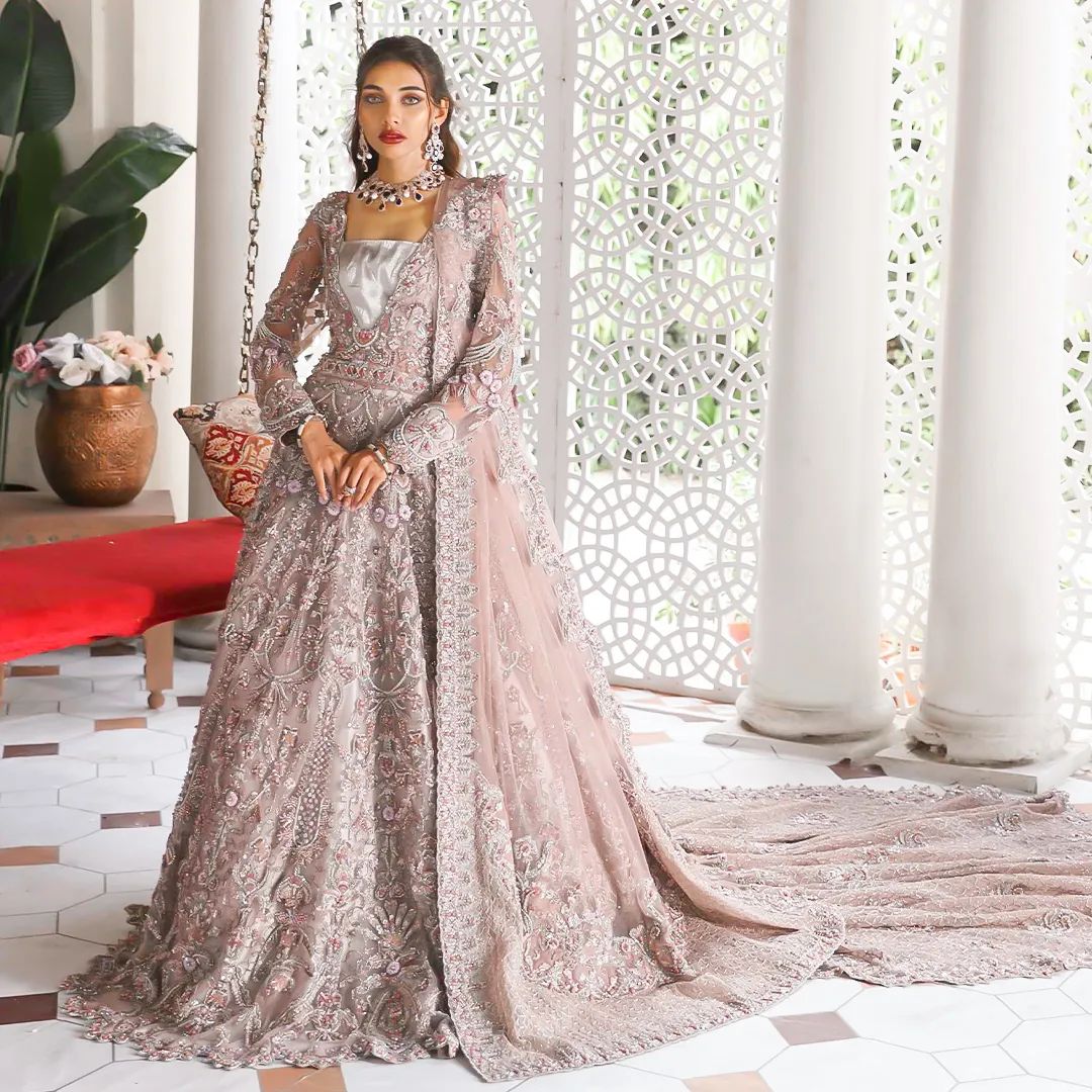 Classy Ivory Designer Reception and Wedding long Trail Anarkali  with lehenga and Embellishment - DN-1347