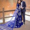 Blue Designer Wedding long Trail Gown with Golden Embroidery Bespoke - DN-1247
