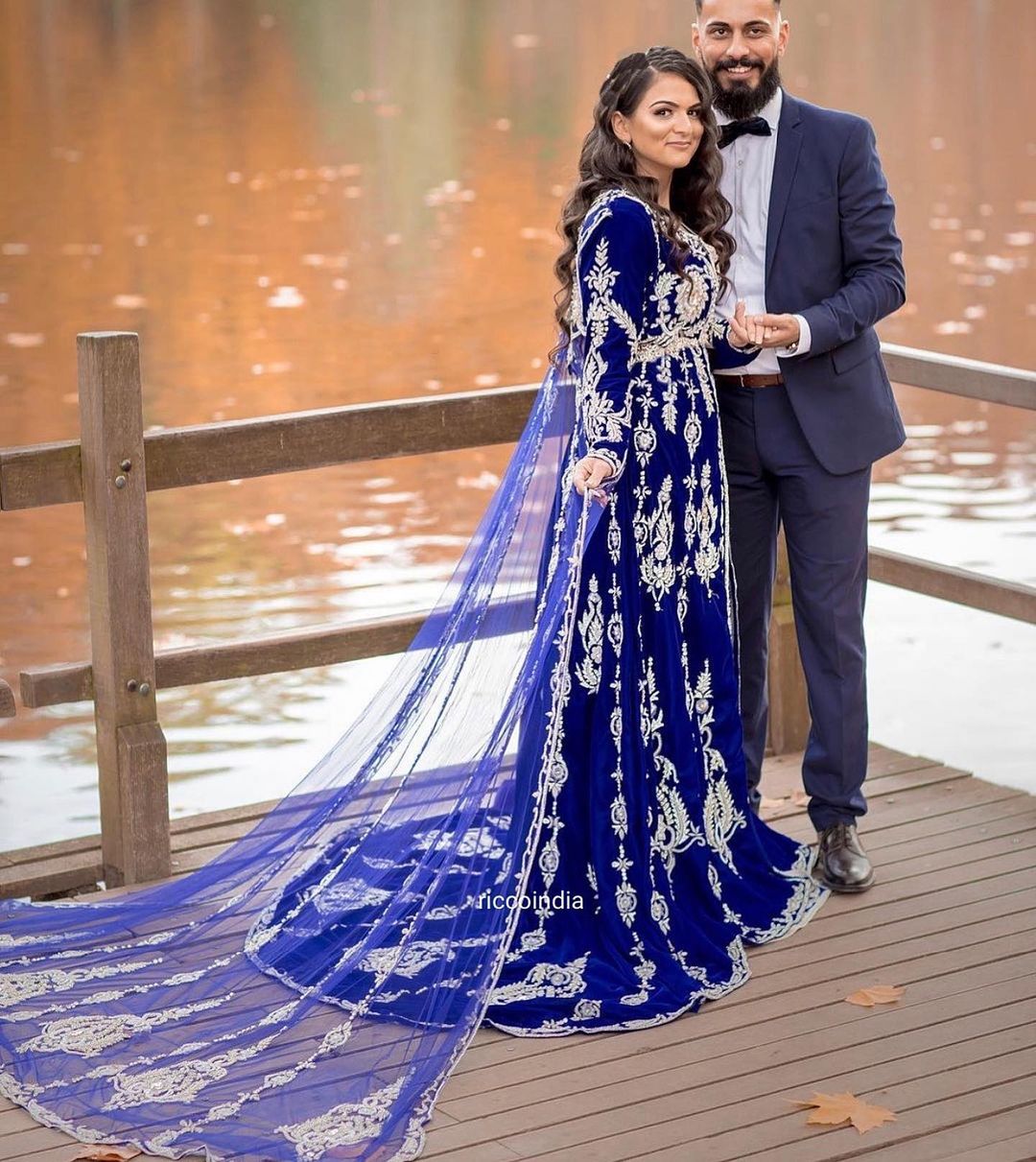Blue Designer Wedding long Trail Gown with Golden Embroidery Bespoke - DN-1247