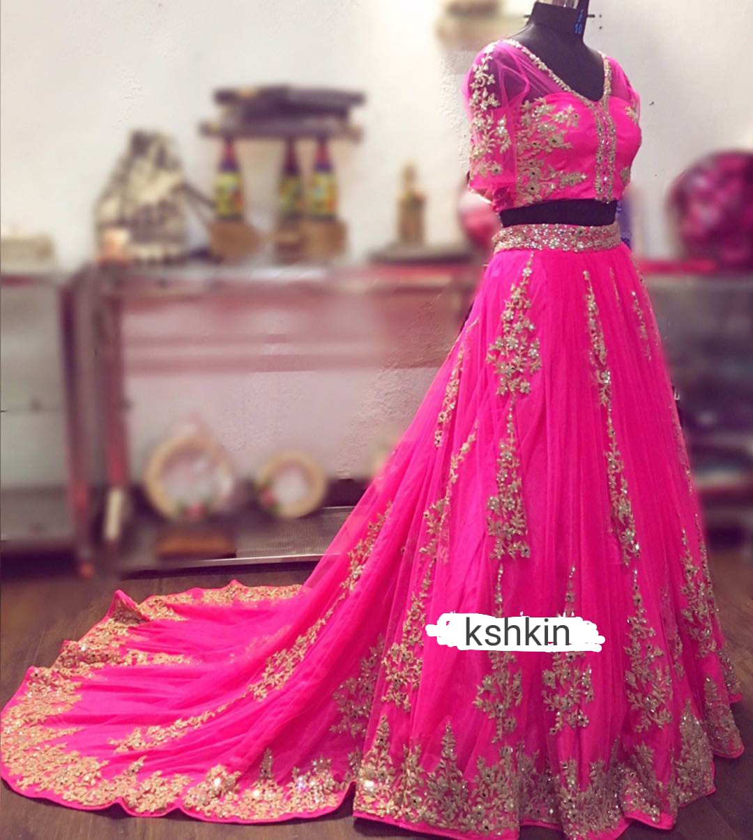 Pink Attractive Designer Wedding long Trail lehenga Choli with Golden Embroidery Bespoke - DN-1249