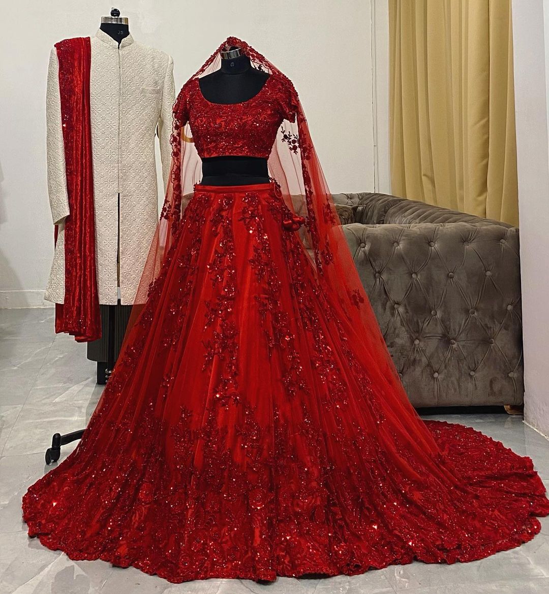 Classy Designer Red Bridal long Trail lehenga with Sequence work Bespoke made to order - DN-1234