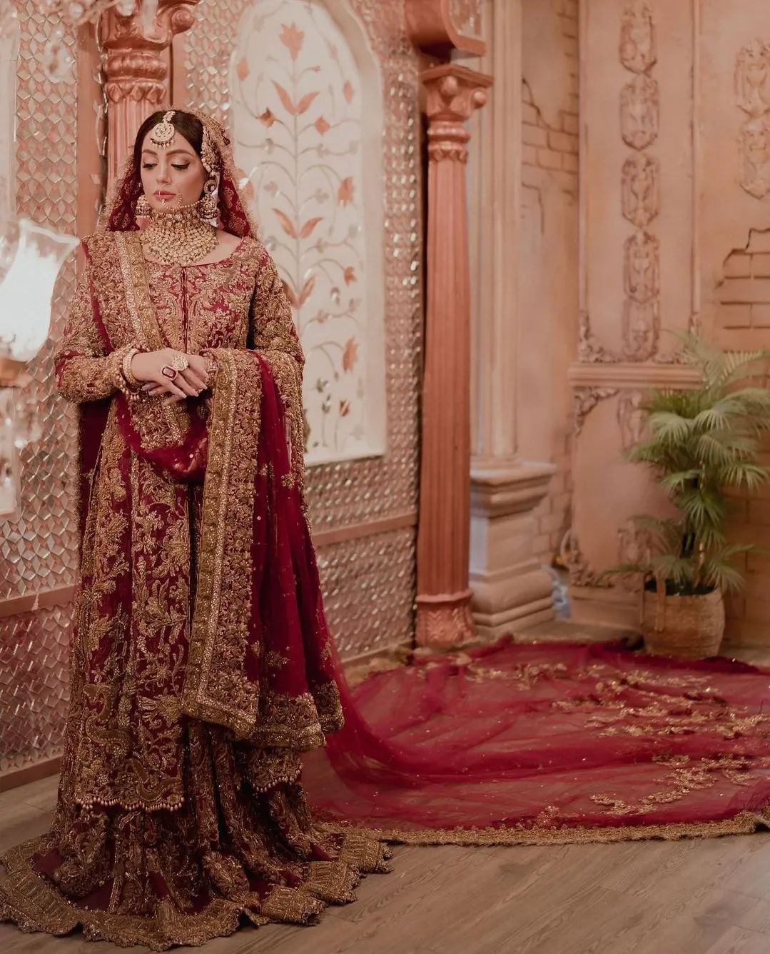 Red Classy Pakistani Designer Bridal long Split Anarkali with long veil and Embellishment - DN-1398