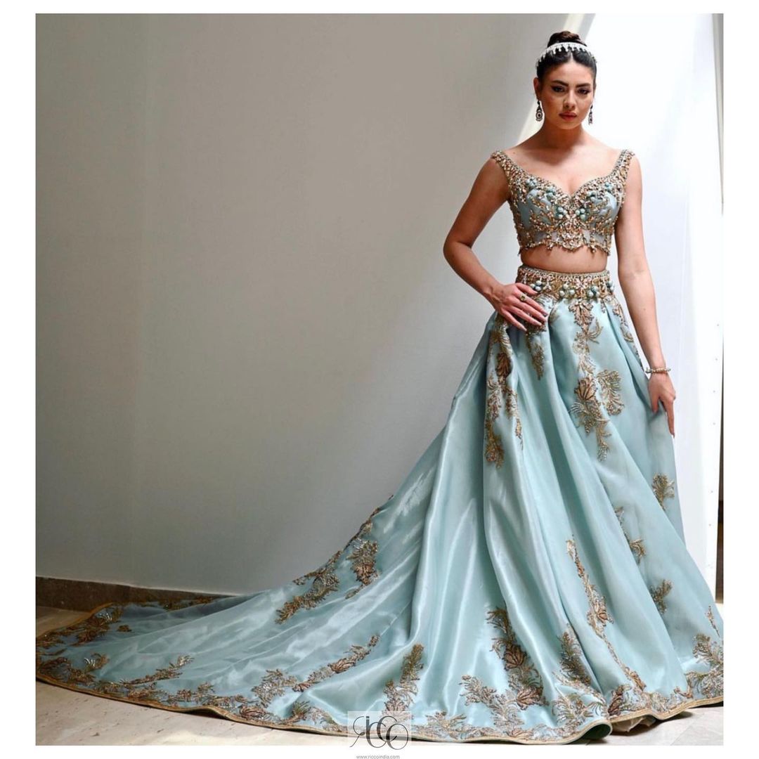 Attractive Designer Reception long Trail lehenga with sleevless Crop Top and Embroidery Bespoke - DN-1243