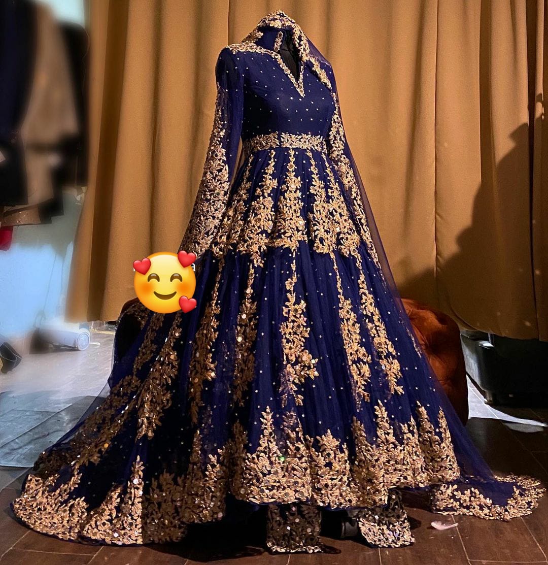 Classy Designer Blue Long Trail Anarkali with lehenga and Golden Embroidery Bespoke - DN-1248
