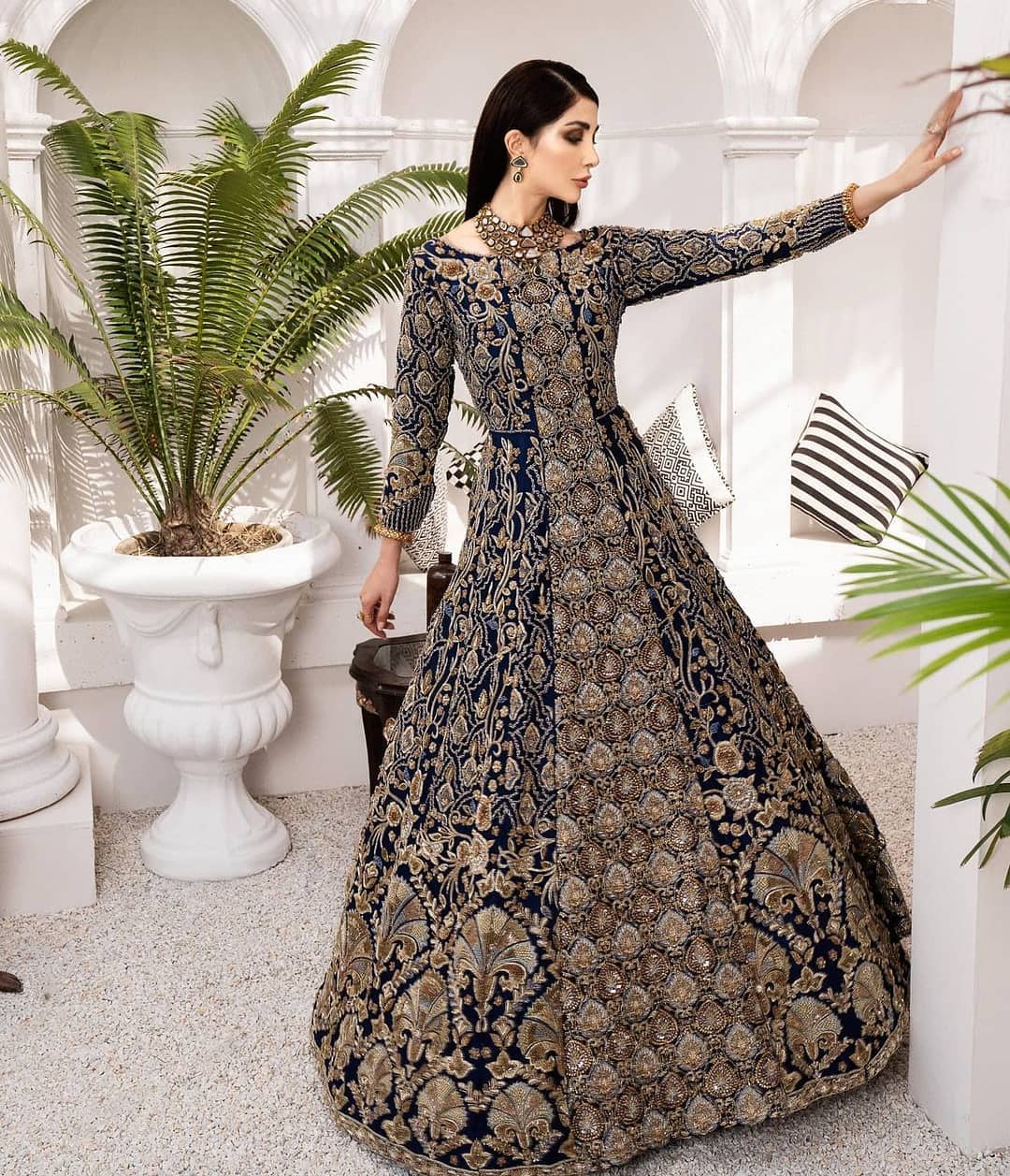 Designer Royal Blue Indian Wedding Gown with Golden Embroidery - DN-1627