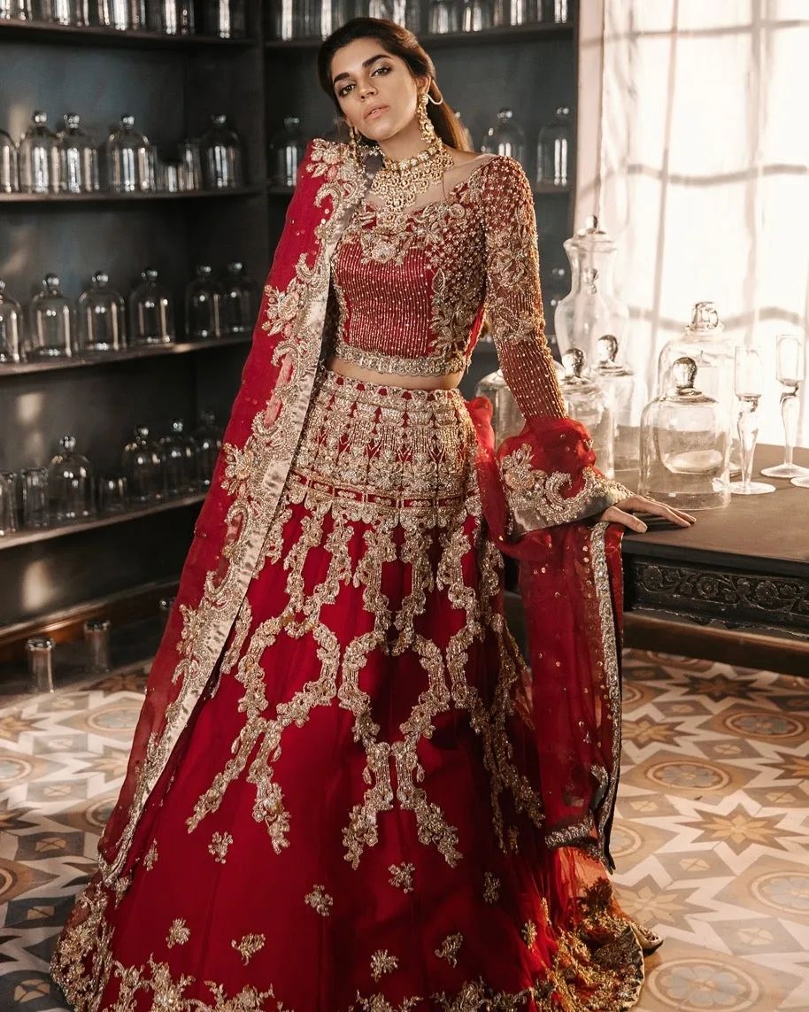 Red Indian Bridal lehenga with Crop Top and Embellishment - DN-1497