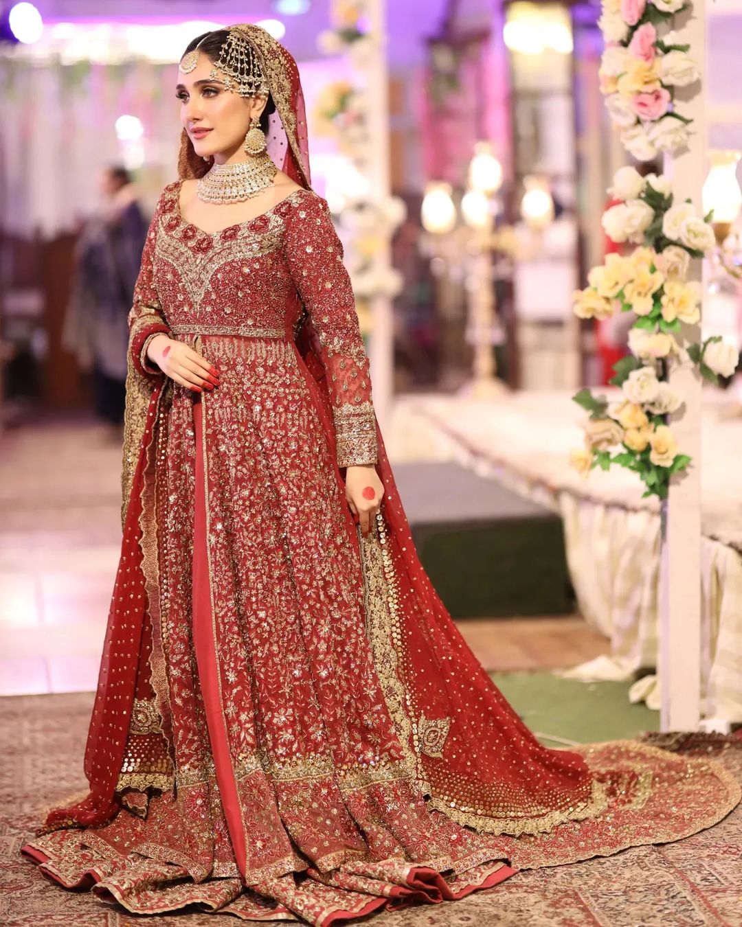 Designer Red Pakistani wedding and Walima long Trail Split Anarkali with lehenga and Embellishment - DN-1399