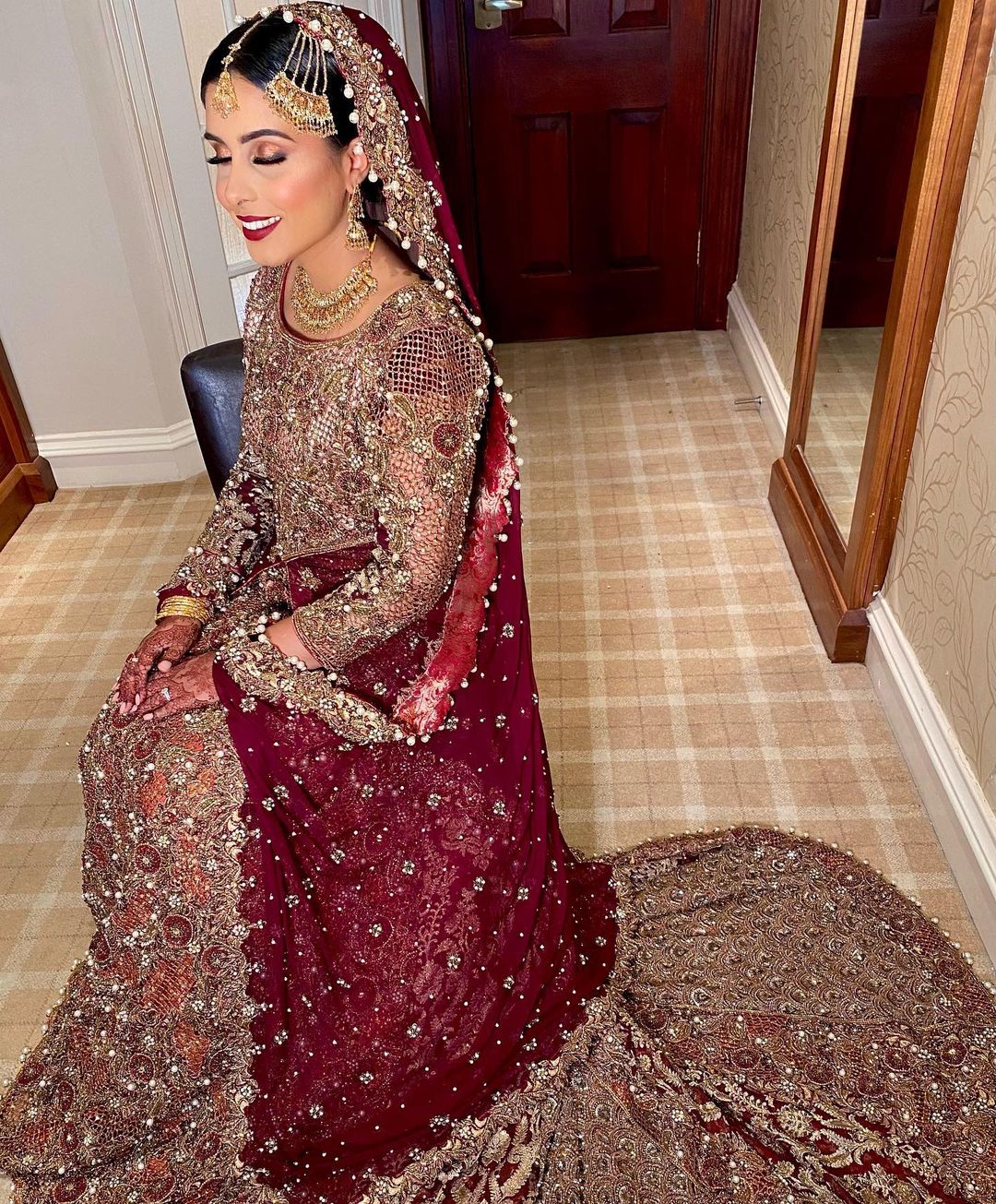TRADITIONAL LONG TRAIL WEDDING GOWN WITH GOLDEN EMBROIDERY - DN-1902