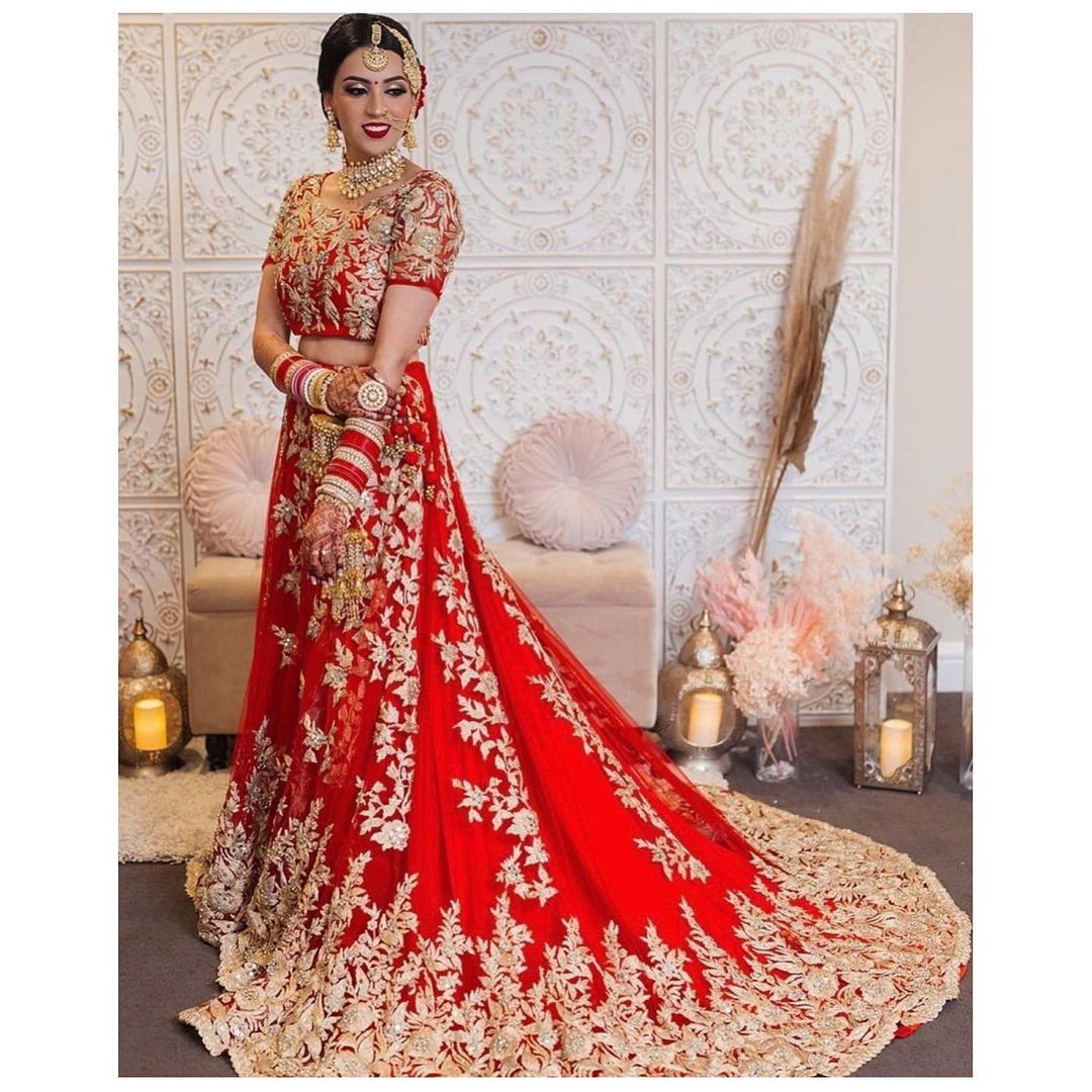 Traditional Red Designer Bridal long Trail lehenga with crop top and Embroidery Bespoke - DN-1246