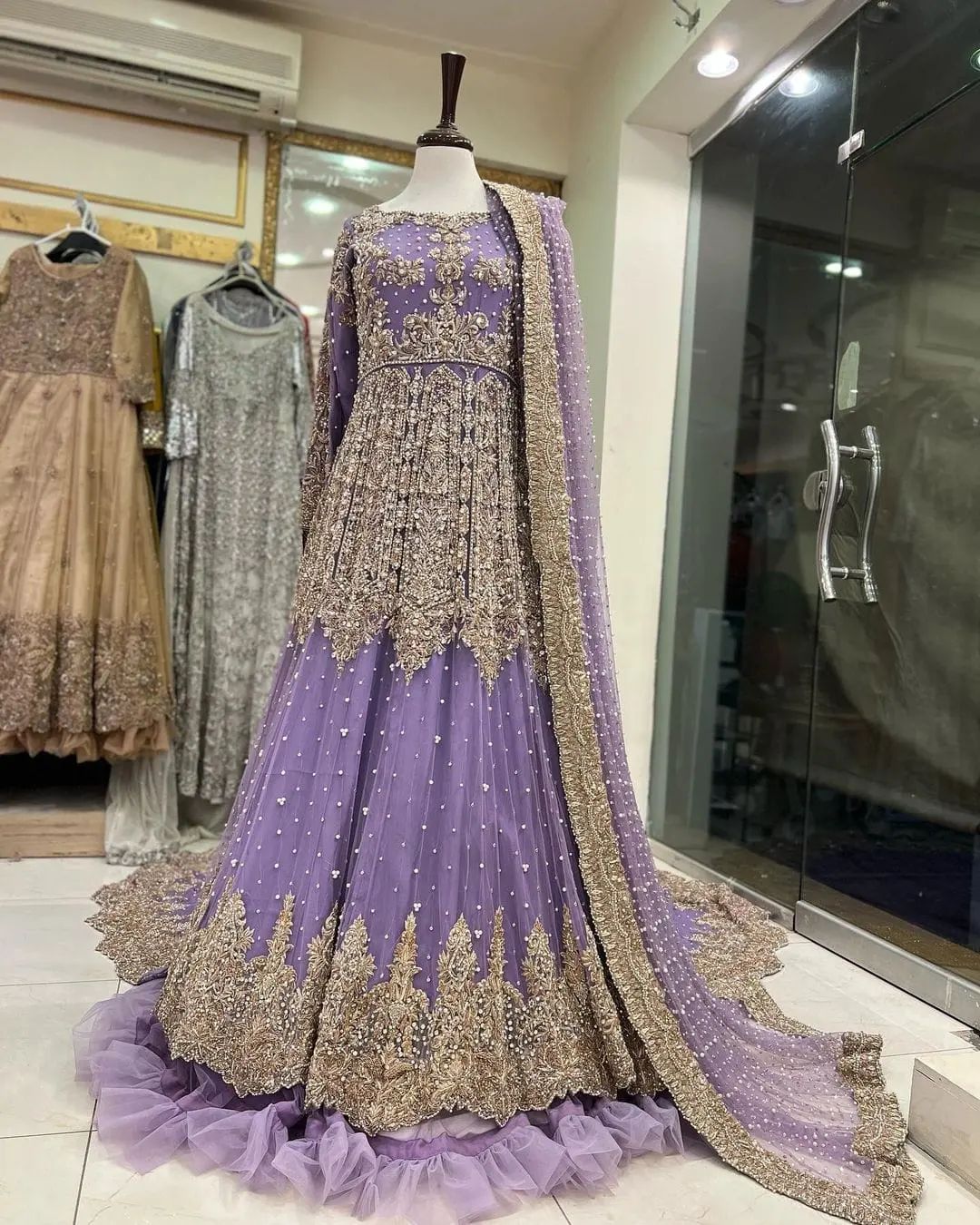 Classy Purple Designer Pakistani Wedding long Trail Gown with Embroidery Bespoke made  to order - DN-1226
